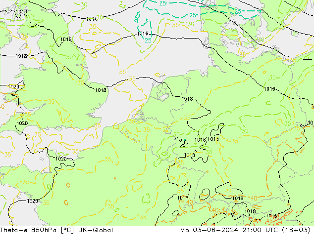 Theta-e 850hPa UK-Global Mo 03.06.2024 21 UTC