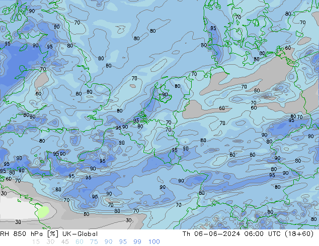 RH 850 hPa UK-Global czw. 06.06.2024 06 UTC