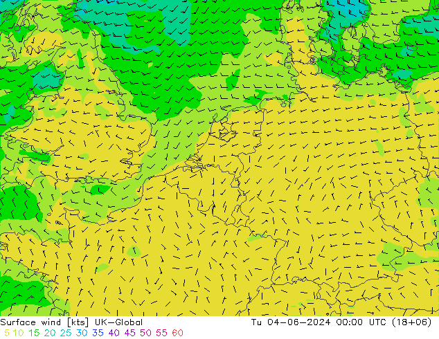 Surface wind UK-Global Tu 04.06.2024 00 UTC