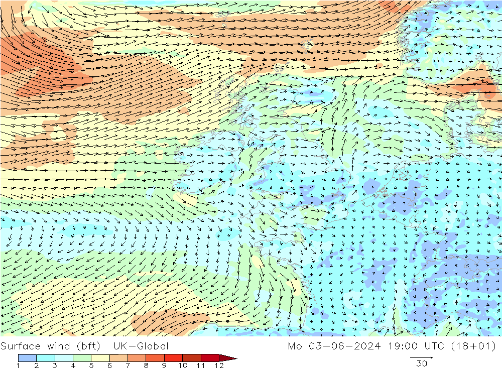 Surface wind (bft) UK-Global Po 03.06.2024 19 UTC