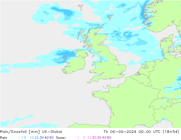 Rain/Snowfall UK-Global czw. 06.06.2024 00 UTC