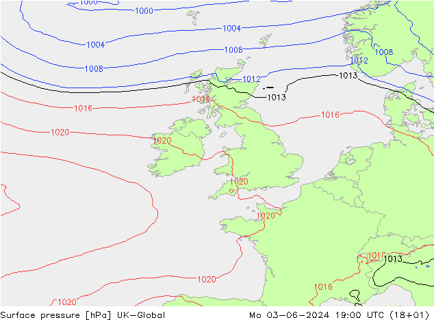 Atmosférický tlak UK-Global Po 03.06.2024 19 UTC