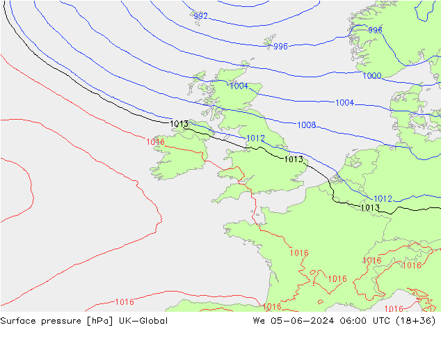 Pressione al suolo UK-Global mer 05.06.2024 06 UTC