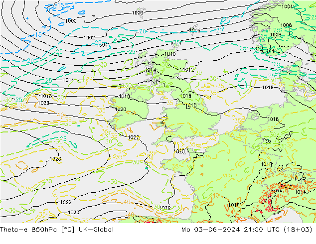 Theta-e 850hPa UK-Global Mo 03.06.2024 21 UTC