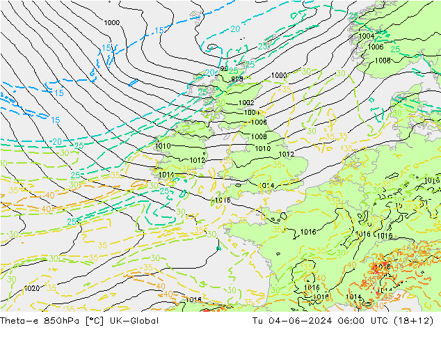 Theta-e 850hPa UK-Global Tu 04.06.2024 06 UTC