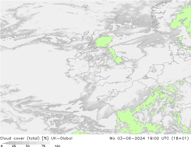 Cloud cover (total) UK-Global Mo 03.06.2024 19 UTC