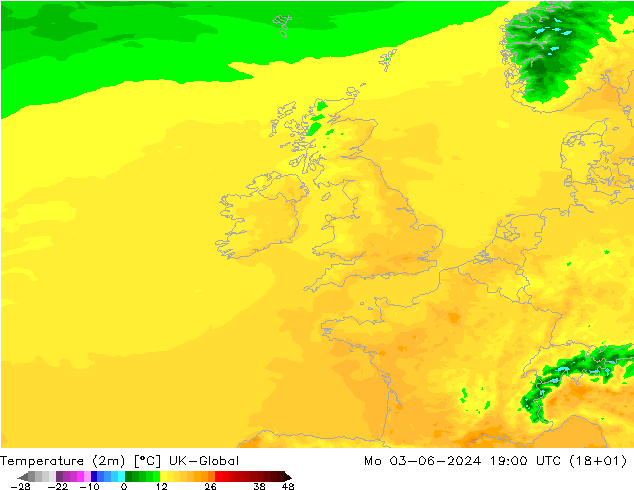 Temperatura (2m) UK-Global lun 03.06.2024 19 UTC