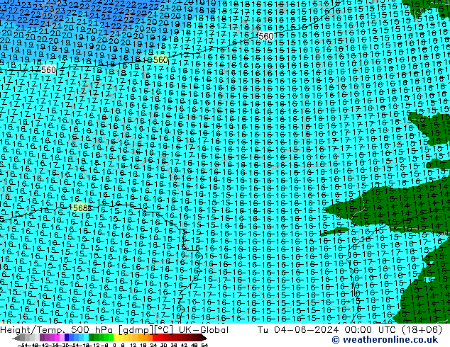 Height/Temp. 500 hPa UK-Global Út 04.06.2024 00 UTC