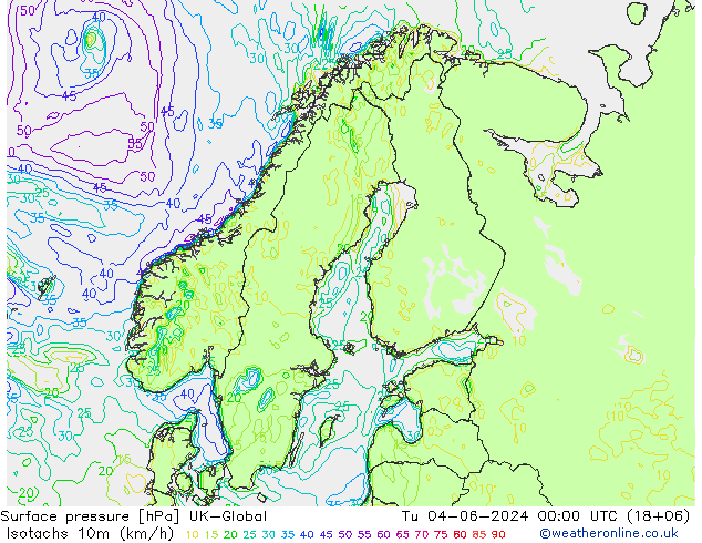 10米等风速线 (kph) UK-Global 星期二 04.06.2024 00 UTC
