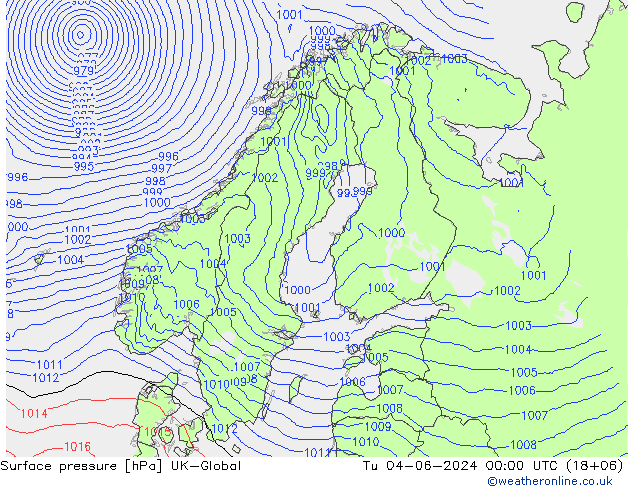 Surface pressure UK-Global Tu 04.06.2024 00 UTC