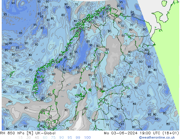 RH 850 гПа UK-Global пн 03.06.2024 19 UTC