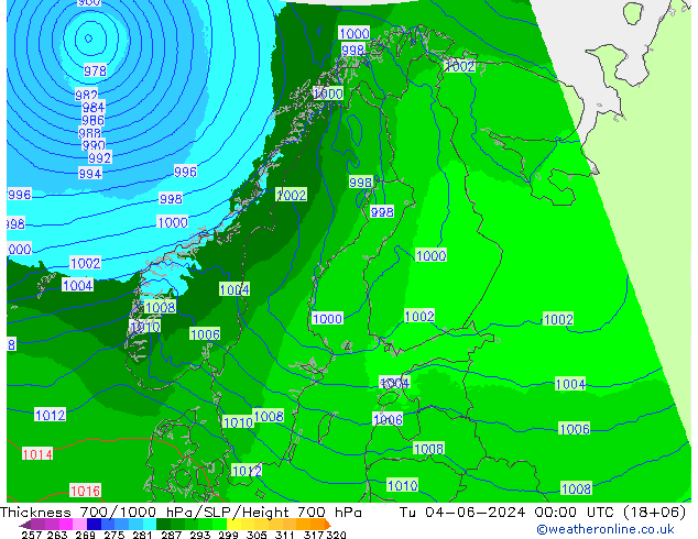 700-1000 hPa Kalınlığı UK-Global Sa 04.06.2024 00 UTC