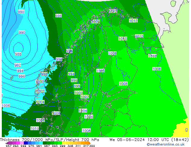 Thck 700-1000 hPa UK-Global mer 05.06.2024 12 UTC