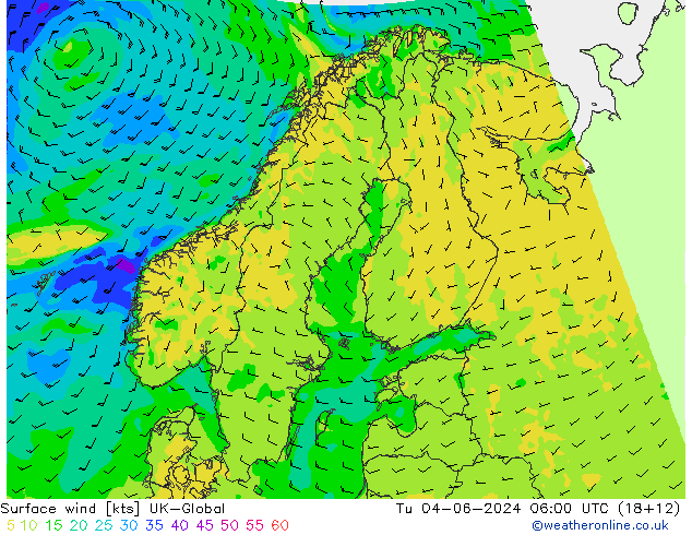 Surface wind UK-Global Tu 04.06.2024 06 UTC