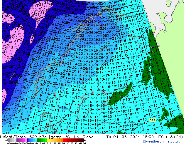 Height/Temp. 500 hPa UK-Global Tu 04.06.2024 18 UTC