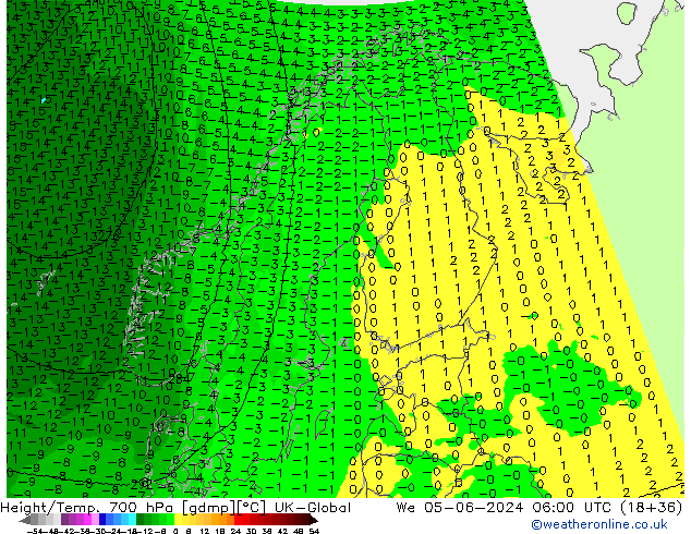 Height/Temp. 700 hPa UK-Global We 05.06.2024 06 UTC