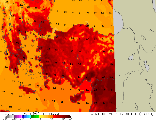 Temperature (2m) UK-Global Tu 04.06.2024 12 UTC