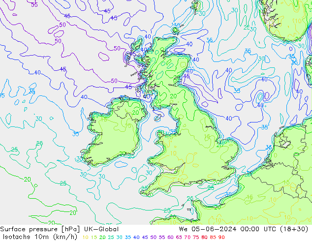 Isotachs (kph) UK-Global ср 05.06.2024 00 UTC