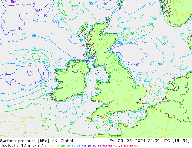 Isotachen (km/h) UK-Global wo 05.06.2024 21 UTC