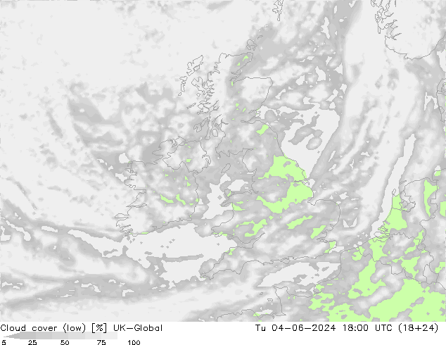 Cloud cover (low) UK-Global Tu 04.06.2024 18 UTC