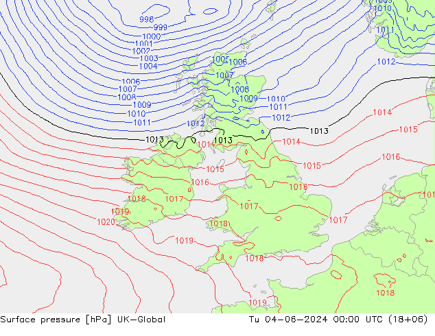 Surface pressure UK-Global Tu 04.06.2024 00 UTC