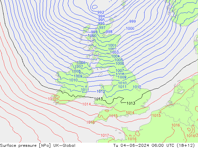 Atmosférický tlak UK-Global Út 04.06.2024 06 UTC