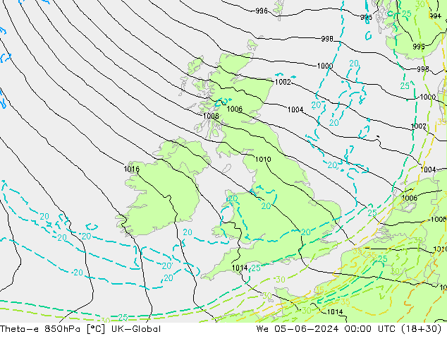 Theta-e 850hPa UK-Global Çar 05.06.2024 00 UTC