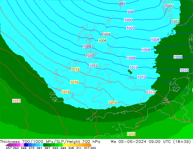 Thck 700-1000 hPa UK-Global We 05.06.2024 09 UTC