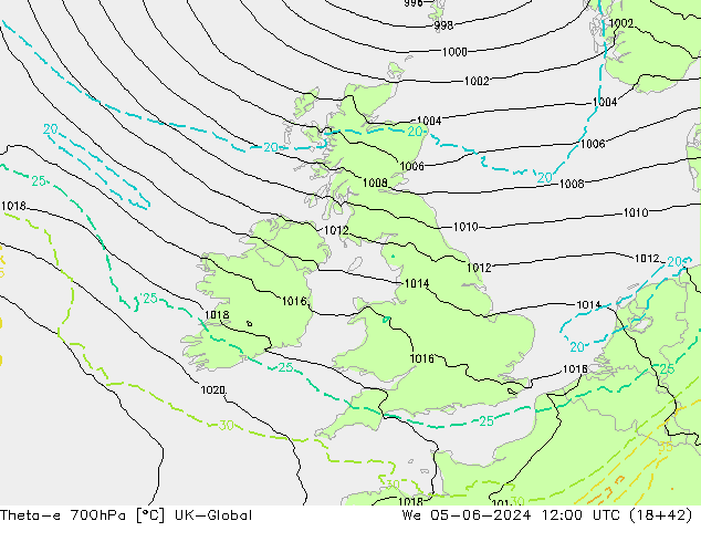 Theta-e 700hPa UK-Global śro. 05.06.2024 12 UTC