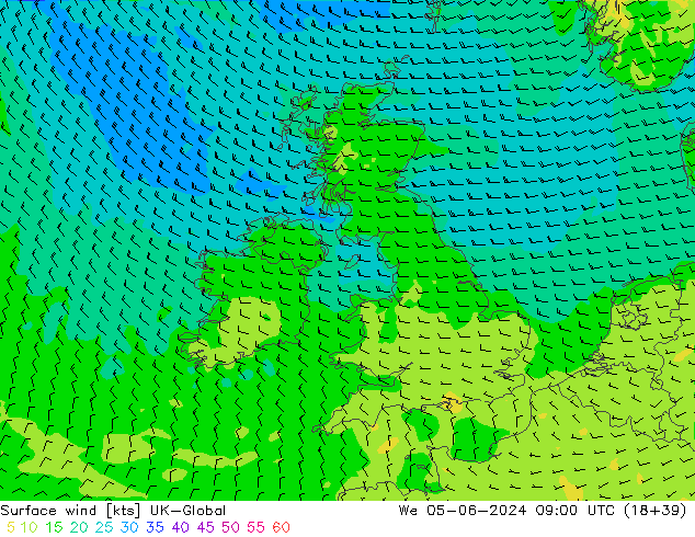 Viento 10 m UK-Global mié 05.06.2024 09 UTC