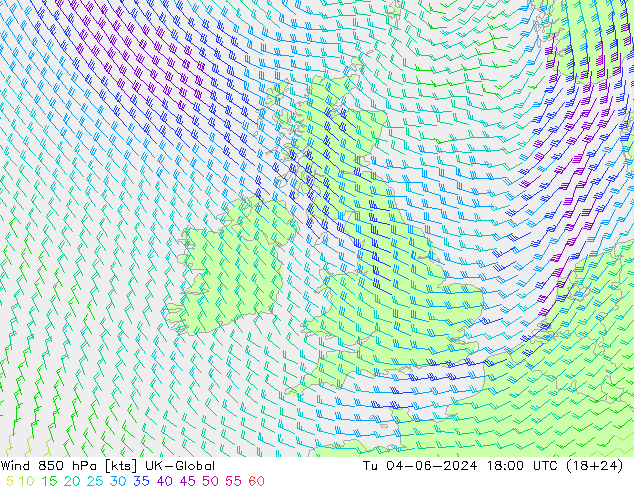 Wind 850 hPa UK-Global Tu 04.06.2024 18 UTC