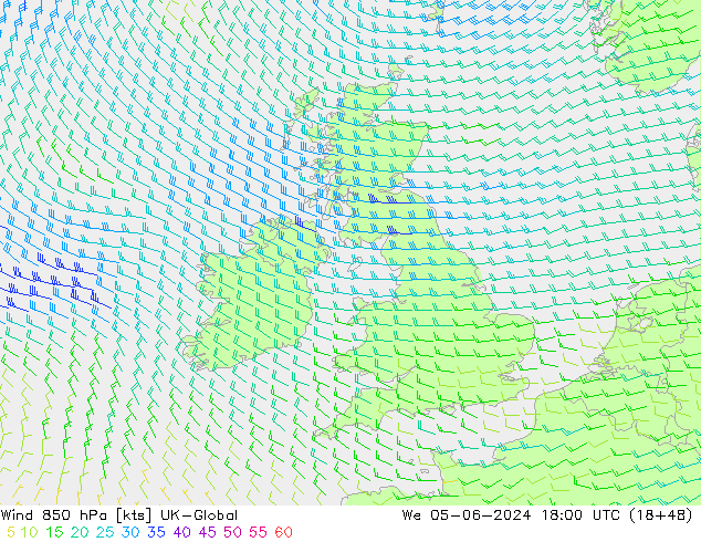 Viento 850 hPa UK-Global mié 05.06.2024 18 UTC