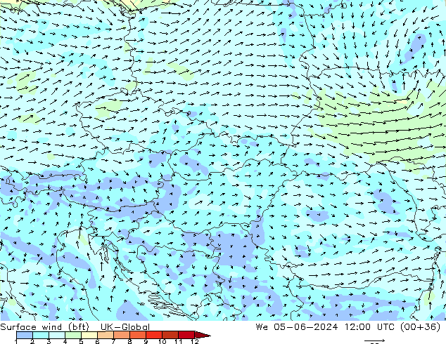 Surface wind (bft) UK-Global We 05.06.2024 12 UTC