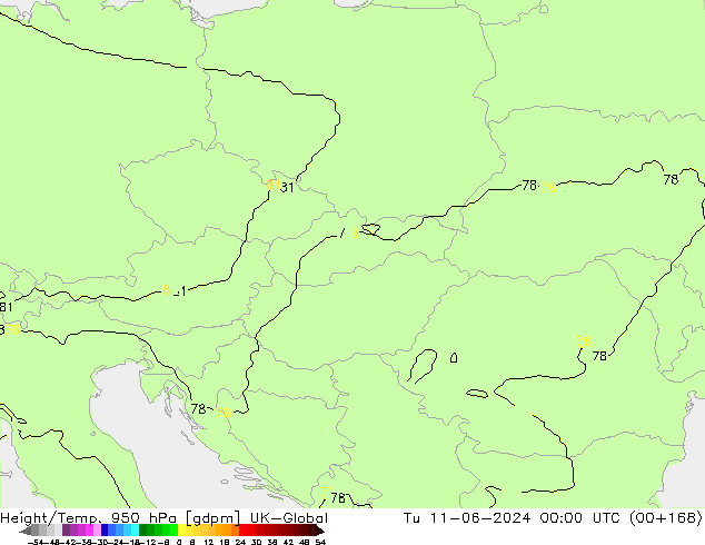 Height/Temp. 950 hPa UK-Global Út 11.06.2024 00 UTC
