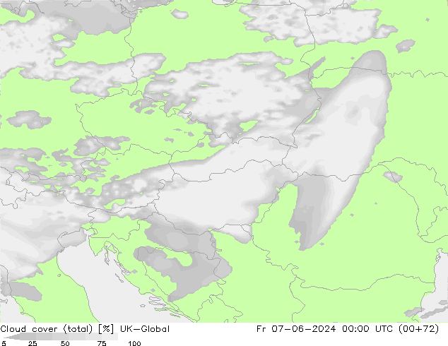 Cloud cover (total) UK-Global Pá 07.06.2024 00 UTC