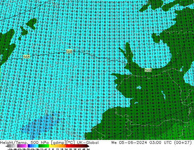 Height/Temp. 500 hPa UK-Global We 05.06.2024 03 UTC