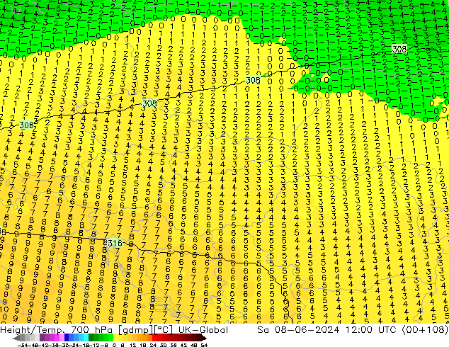 Yükseklik/Sıc. 700 hPa UK-Global Cts 08.06.2024 12 UTC