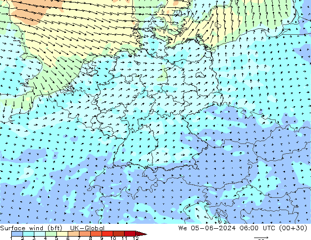 Surface wind (bft) UK-Global St 05.06.2024 06 UTC