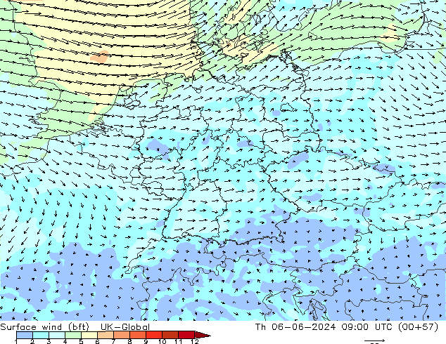 Surface wind (bft) UK-Global Th 06.06.2024 09 UTC