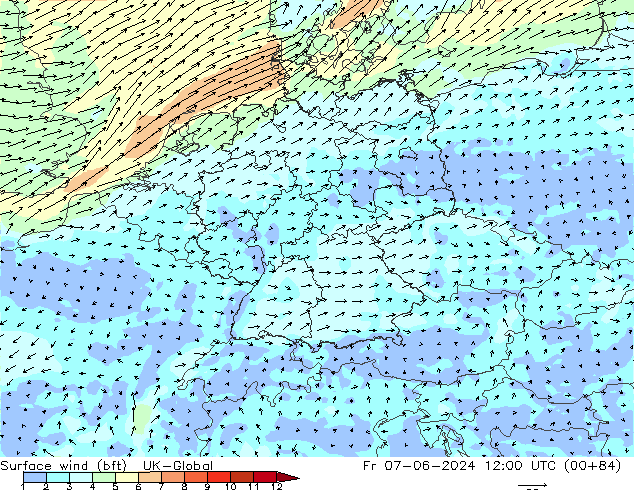 Surface wind (bft) UK-Global Fr 07.06.2024 12 UTC