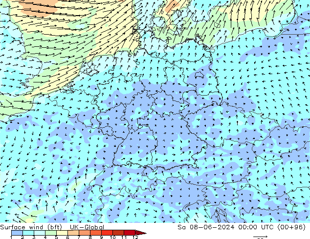 Rüzgar 10 m (bft) UK-Global Cts 08.06.2024 00 UTC