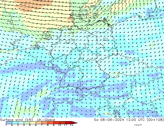 Vento 10 m (bft) UK-Global sab 08.06.2024 12 UTC