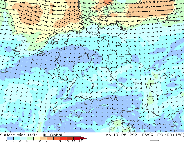Rüzgar 10 m (bft) UK-Global Pzt 10.06.2024 06 UTC