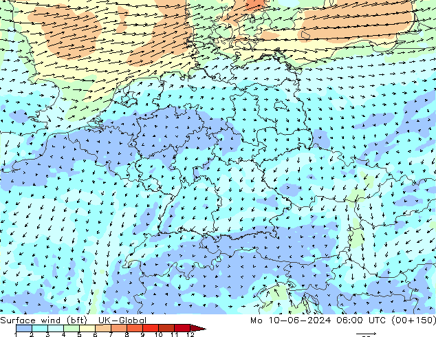 Vento 10 m (bft) UK-Global Seg 10.06.2024 06 UTC