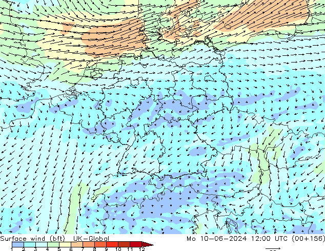 Surface wind (bft) UK-Global Po 10.06.2024 12 UTC