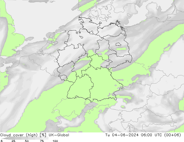 Cloud cover (high) UK-Global Tu 04.06.2024 06 UTC