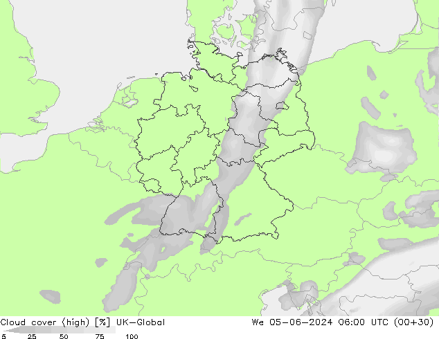 Cloud cover (high) UK-Global We 05.06.2024 06 UTC