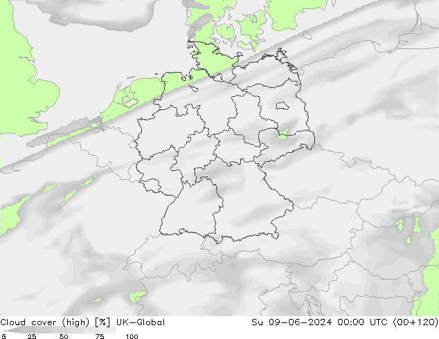 Cloud cover (high) UK-Global Su 09.06.2024 00 UTC