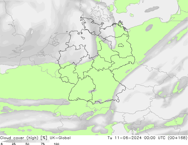 Cloud cover (high) UK-Global Tu 11.06.2024 00 UTC