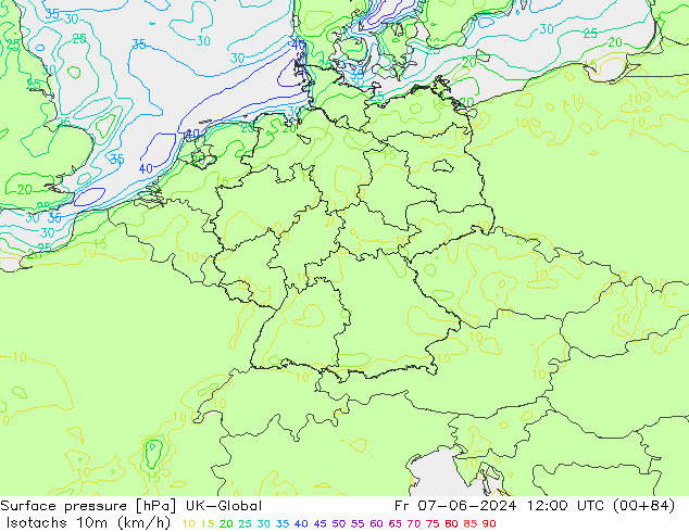 Isotachen (km/h) UK-Global Fr 07.06.2024 12 UTC